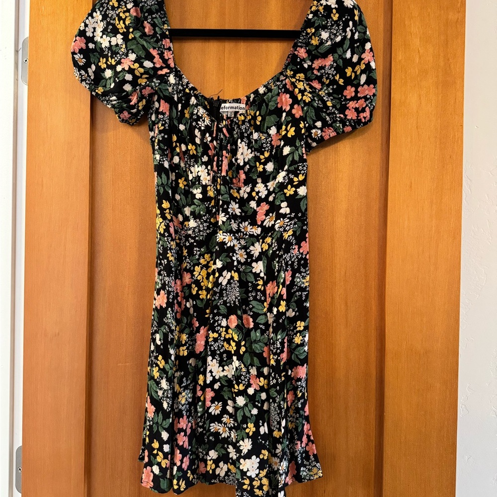 Reformation Black Floral Puff Sleeve Dress